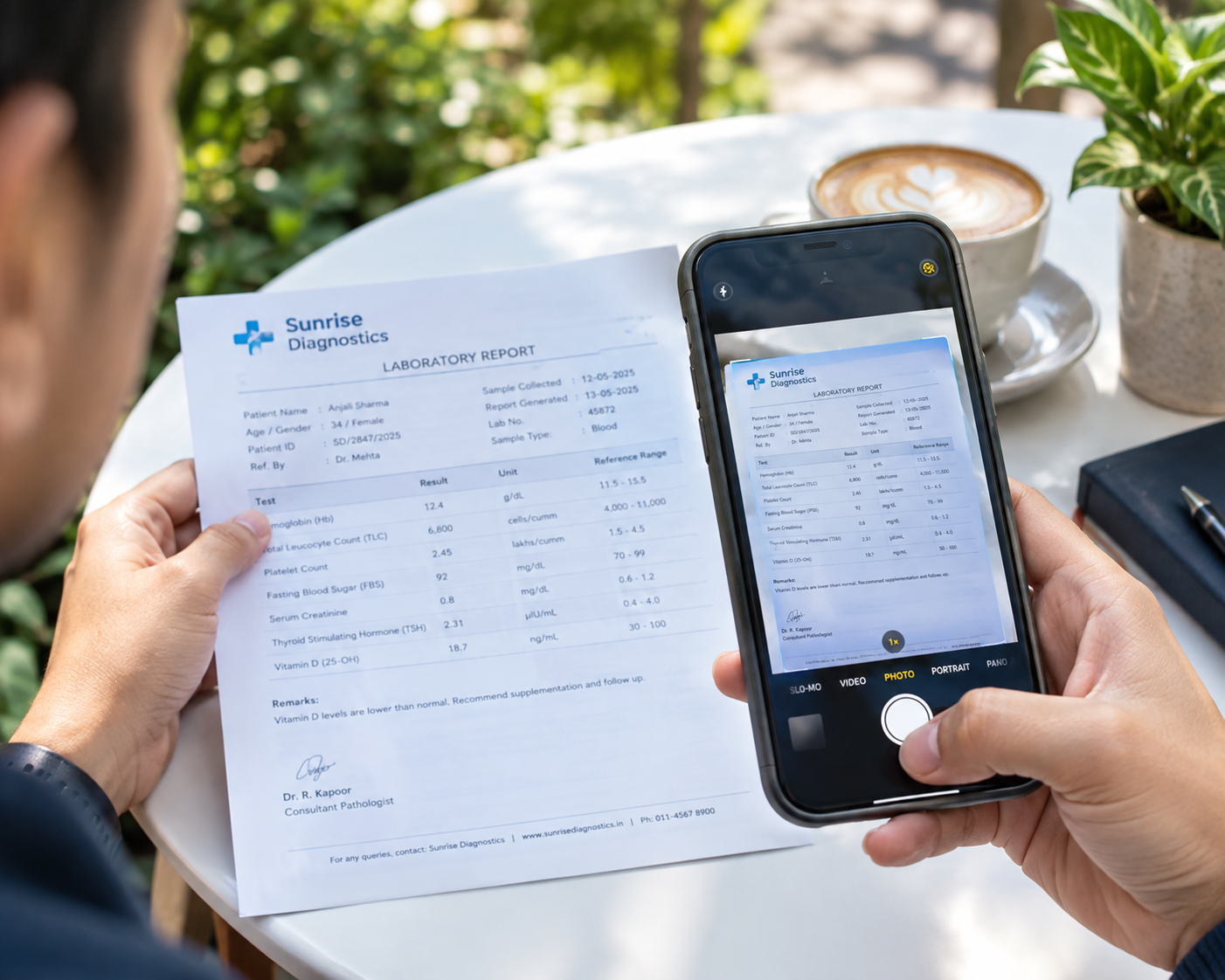 Patient scanning a printed lipid report with phone camera